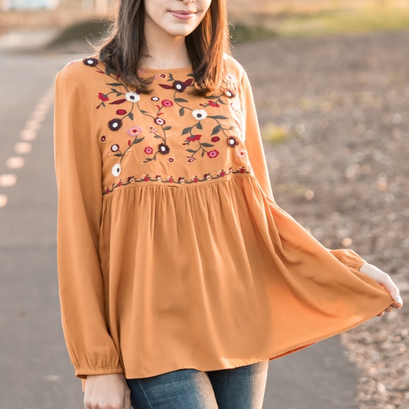 JODIFL Tops - ⭐️LAST1⭐Embroidered Floral Babydoll Top In Honey